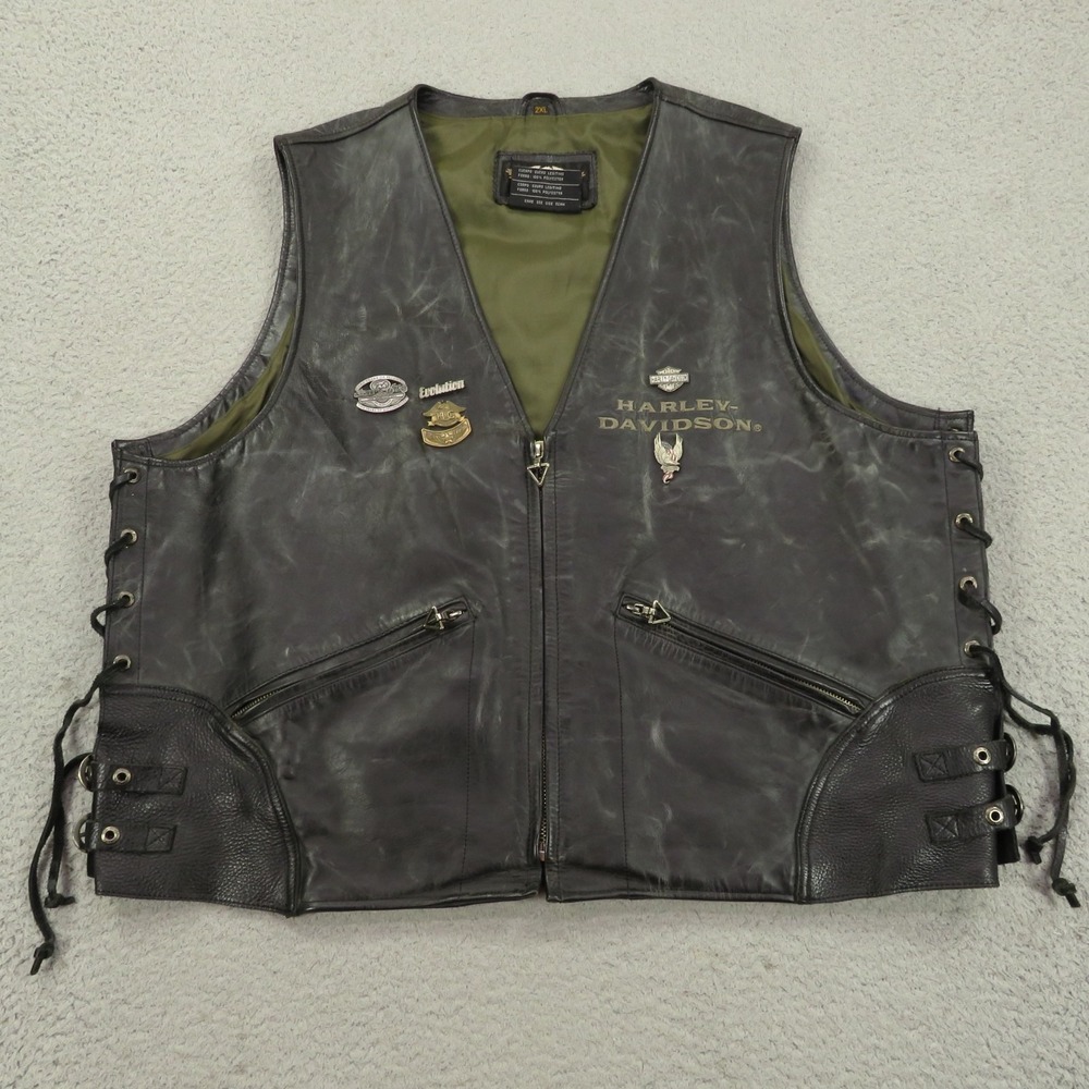 Harley Davidson Leather Vest XXL Mens Black Anniversary Patches Pins Side Laces